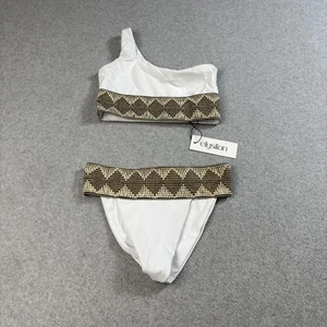 Elysiian Bikini Womens Small White Brown One Shoulder Two Piece Swimwear Set USA - Picture 1 of 10