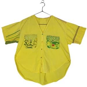 Handgefertigtes Bohemian Art To Wear Hemd Größe Large gelb Blumenmuster Knopfleiste  - Bild 1 von 10