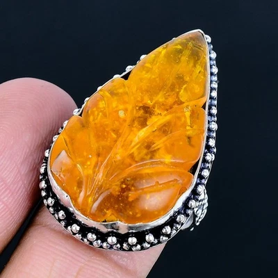 Anillo hecho a mano tallado en plata 925 ámbar tallado de EE. UU. talla 9 Foto 1 de 3