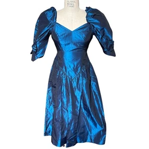 Vestido de fiesta midi vintage años 80 tafetán zafiro azul talla pequeña - Imagen 1 de 6