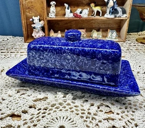 Vintage Butter Dish Blue Ceramic Glass Nice - Picture 1 of 6