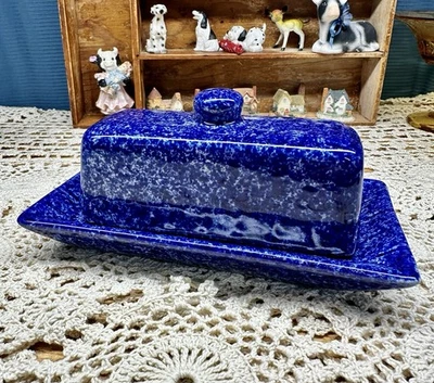 Vintage Butter Dish Blue Ceramic Glass Nice - Image 1 of 4