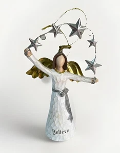 Believe Angel Christmas Ornament Hanging 6" Glitter Gold Wings Silver Stars - Picture 1 of 14