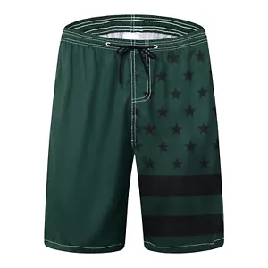 Men's Green US Flag Swim Shorts, Patriotic, Swim Trunks, Quick Dry, Board Shorts - Picture 1 of 6