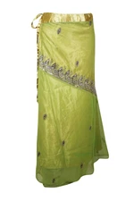 Boho Chic Green Wrap Skirt Vintage Embroidery Reversible 2 Layer Gypsy Skirts