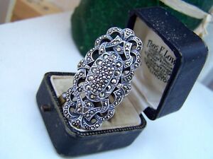GORGEOUS HUGE OVERSIZED OPENWORK STERLING SILVER MARCASITE SHIELD RING SIZE Q 8