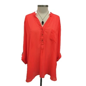 Womens Neon Orange Sheer Blouse Plus Size 3X V-Neck Roll Tab Sleeve Half Button - Picture 1 of 15