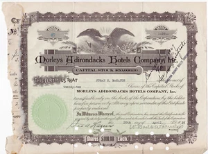 Antiguo certificado de stock de hotel Morleys de 1925 Lake Pleasant NY ADK Adirondacks Piseco - Imagen 1 de 11
