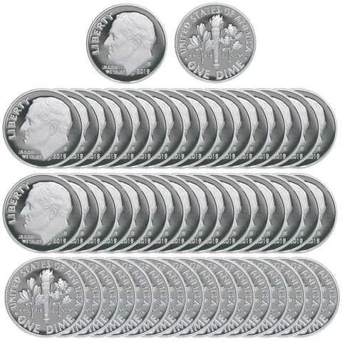 2019 S Roosevelt Dime Roll Gem Deep Cameo 99.9% Silver Proof 50 US Coins Cover