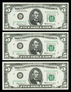 1969-A 3 BANCONOTE DA $5 CONSECUTIVE CHICAGO 3 CRISPINE NON CIRCOLATE SERIE G CINQUE DOLLARI - Foto 1 di 2