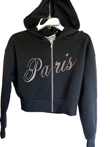 Size XXS Embroidered on Front Hoodie Black Zip Up Drawstring Rue 21 - Picture 1 of 9