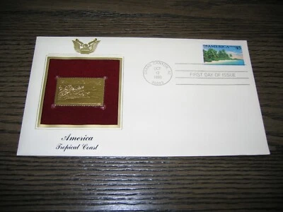 1990 AMERICA TROPICAL COAST FDI FDC 22kt Gold GOLDEN Cover Replica Stamp - Image 1 of 3