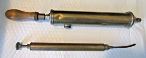 Lot 2 Vintage Large BRASS HANDPUMPS Oil + Air With Wooden Handle - Picture 1 of 8