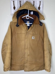 Vintage CARHARTT Brown Men's Heavy Lined Jacket Coat W/Hood CO3 BRN Zip 46L - Picture 1 of 17