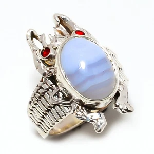 Namibian Blue Lace Agate & Garnet Silver Plated Frog Ring s.7 T23|Christmas Gift - Picture 1 of 4