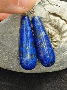 Lapis Lazuli long teardrop white metal Gemstone hook dangle drop Earrings - Picture 1 of 6