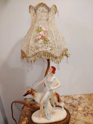 Antique Hertwig Katzhutte Borzoi Dog Art Deco Lady Figurine Porcelain Lamp  - Image 1 of 4