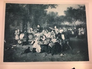 Vintage B&W Art Print Picnic Scene Painting Reproduction Outdoor Feast - Picture 1 of 11
