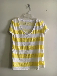 New York & Company Size L Yellow White Sequin Stripe Top Blouse Women - Picture 1 of 3