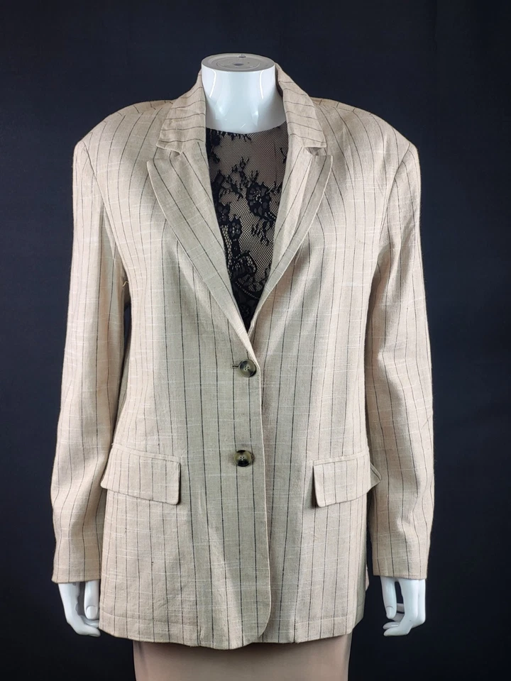 Zara Ladies Linen Mix Blazer Jacket Sand Striped Size Medium New With Tags - Image 1 of 4