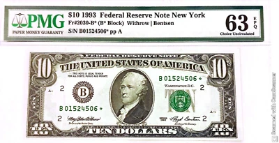 $10 1993 STAR NOTE⭐ LEGAL TENDER UNITED STATES Fr.2030-B⭐ B01524506⭐ PMG 63 EPQ - Image 1 of 2