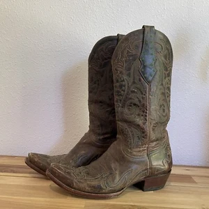 Old Gringo Western Boots Brown Leather Green Flowers Women's Sz 8.5 - Picture 1 of 13