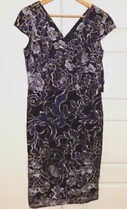 David Meister - NWT - Blue Short Sleeve Dress w Metallic Floral Print - Size 10 - Picture 1 of 8