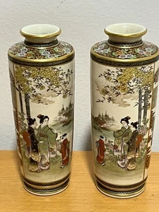 PAIR Japanese Satsuma Porcelain Hand Painted Vases GOLD ACCENTED MEIJI SIGNED - Picture 1 of 10