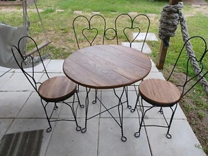 Antique Wrought Iron Ice Cream Parlor Style Table, Bench, & Chairs Set. - Picture 1 of 4
