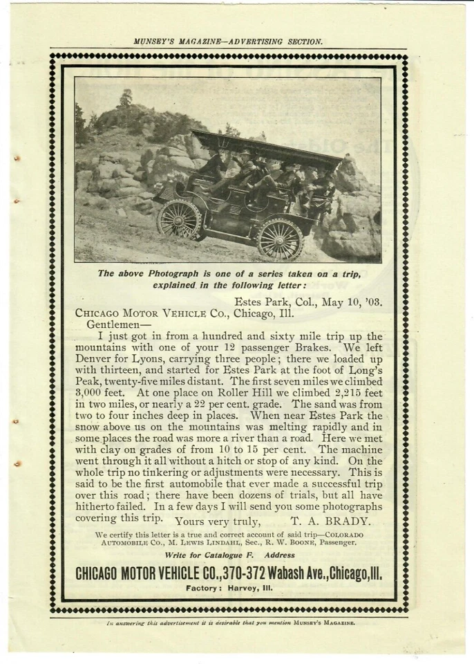 1903 Chicago Motor Vehicle Co Antique Print Ad Letter About 12 Passenger Brake - Image 1 of 1