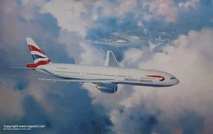 BRITISH AIRWAYS BOEING 777 FLUGZEUG KUNSTDRUCK ANTHONY COWLAND - Bild 1 von 1