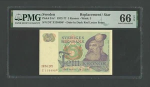 Sweden 5 Kronor 1974 P51c* Replacement Uncirculated Grade 66 - Picture 1 of 2