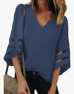 Womens Dark Blue 3/4 Bell Sleeve Tunic V-Neck Pullover Size Large - Picture 1 of 12
