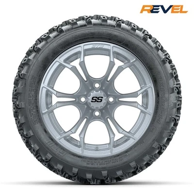 Set of 4, GTW 14" Spyder Silver Golf Cart Wheels on 23x10R14 Rogue AT Tires Foto 1 de 4