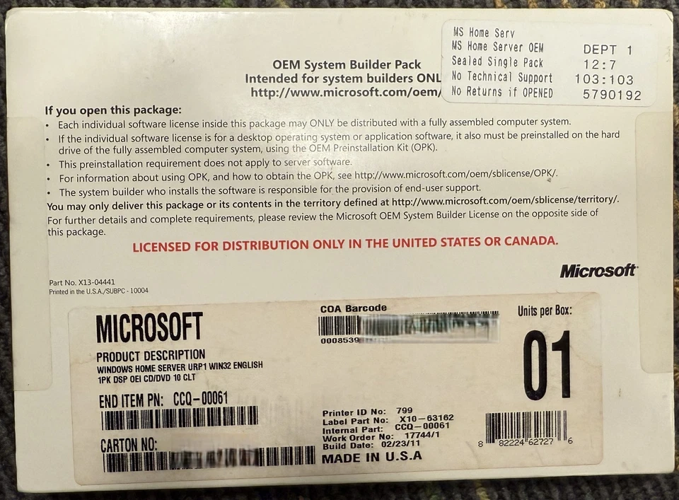 Microsoft Windows Home Server OEM System Builder Pack Hecho en EE. UU. X10-63162 Sellado Foto 1 de 1