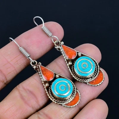 Turquoise Red Coral Handmade 925 Sterling Silver Tibetan Nepali Earring 2.3" n70 - Image 1 of 4