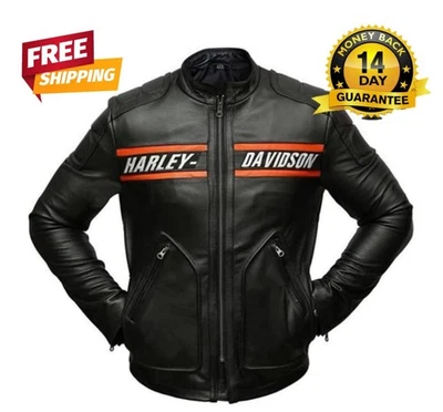 Men's Harley Davidson Black Motorcycle Sheepskin Leather Jacket - Image 1 of 4