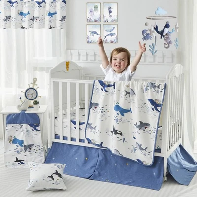 Juego de cama de cuna para niños ropa de cama de guardería 100 % algodón estampado de ballenas oceánicas... Foto 1 de 4