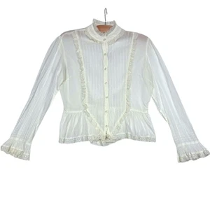 Vintage Persaman weiße Rüschen Button Down hochgeschlossen Spitze Bluse Gr. L viktorianisch - Bild 1 von 5