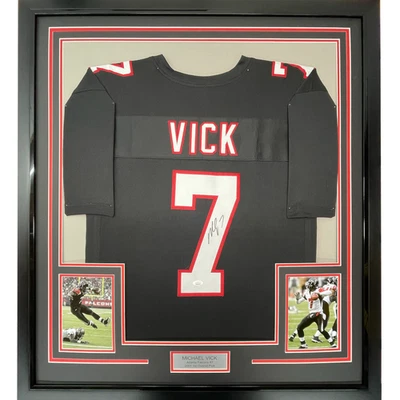FRAMED Autographed/Signed MICHAEL MIKE VICK 33x42 Atlanta Retro Jersey JSA COA - Image 1 of 2