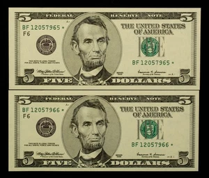 FR 1987-F* $5 1999 FR Notes US - 2 Consecutive Star Notes - UNC - SKU-CA1912 - Picture 1 of 2