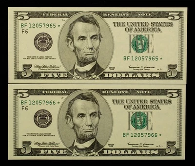 FR 1987-F* $5 1999 FR Notes US - 2 Consecutive Star Notes - UNC - SKU-CA1912 - Image 1 of 2