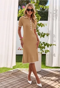 Merokeety Kleid Braun Polo Midi Pulloverkleid Weich Rippstrick Damen Small Neu - Bild 1 von 3