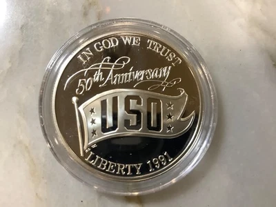 1991 S Proof Silver 1oz Coin USO 50 th anniversary Commemorative Uncirculated - Image 1 of 2