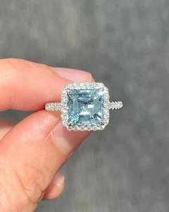 4.90 Ct Asscher Cut Natural Aquamarine & Diamond Engagement Ring 18K White Gold - Picture 1 of 9