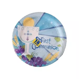 First Communion Blue 10" Luncheon Plates 18 Pack Party Supplies Round - Picture 1 of 3