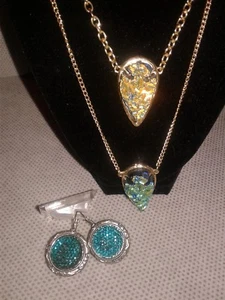 Sea Green Blue Gold Faux Druzy Pendant Necklace & Earrings - Bild 1 von 12