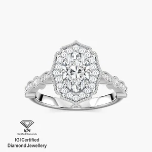 Anillo de boda de diamantes cultivados en laboratorio con halo de corte ovalado de 1,30 quilates certificado IGI de oro de 14 k - Imagen 1 de 4
