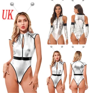 UK Women's Shiny Space Cadet Alien Galaxy Traveler Role Play Bodysuit Hair Hoop - Picture 1 of 26