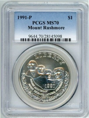 1991P MOUNT RUSHMORE COMMEMORATIVE DOLLAR PCGS MS70 Cert. 28145098 - Image 1 of 2